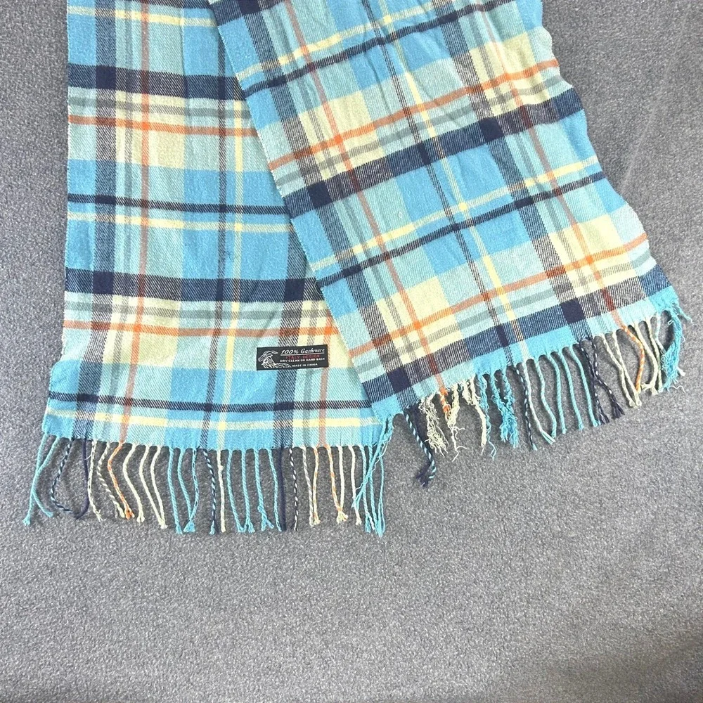 Vintage Preppy Plaid Scarf OS 100% Cashmere Heritage Classic Blue Orange